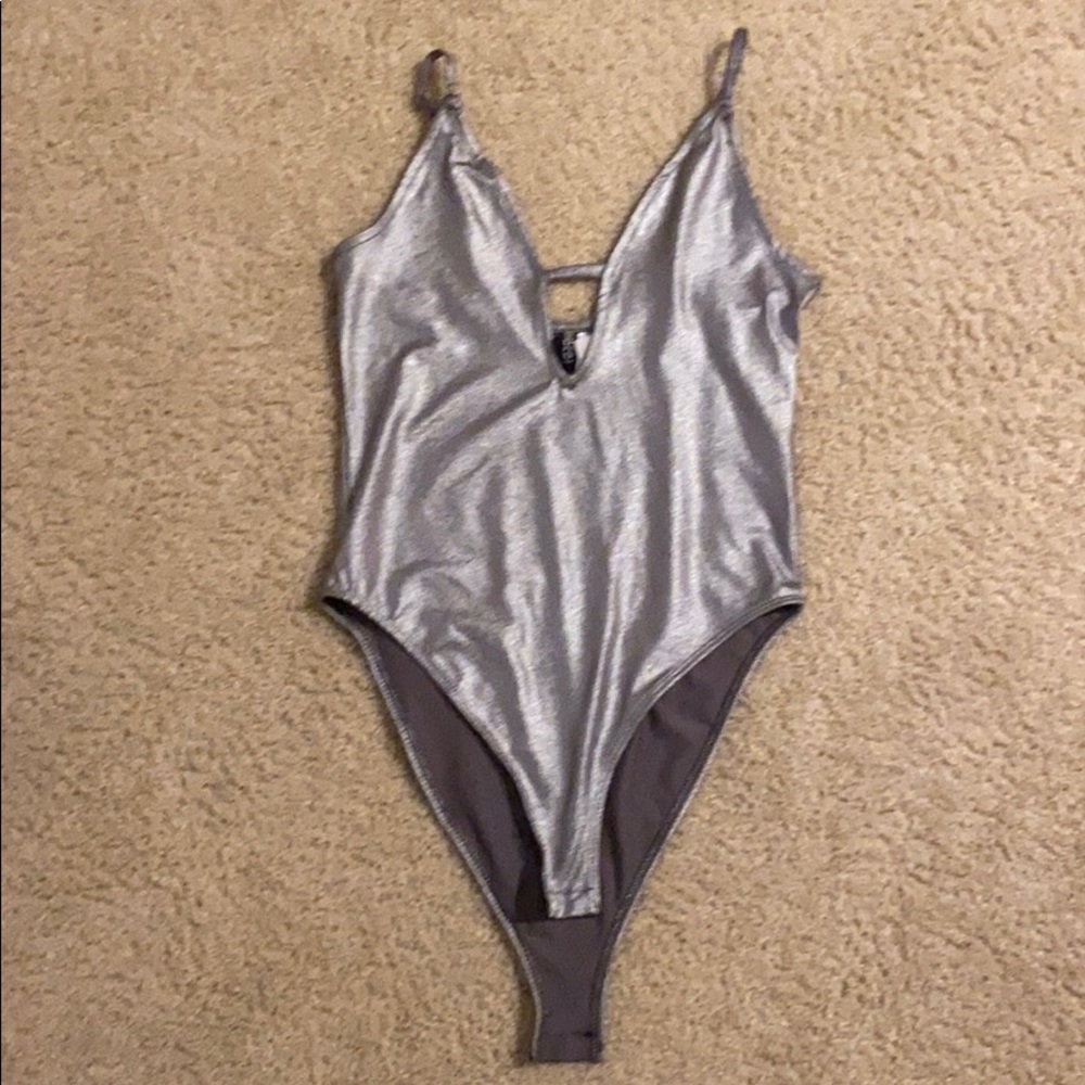 WORN ONCE: silver body suit, cute for NYE!